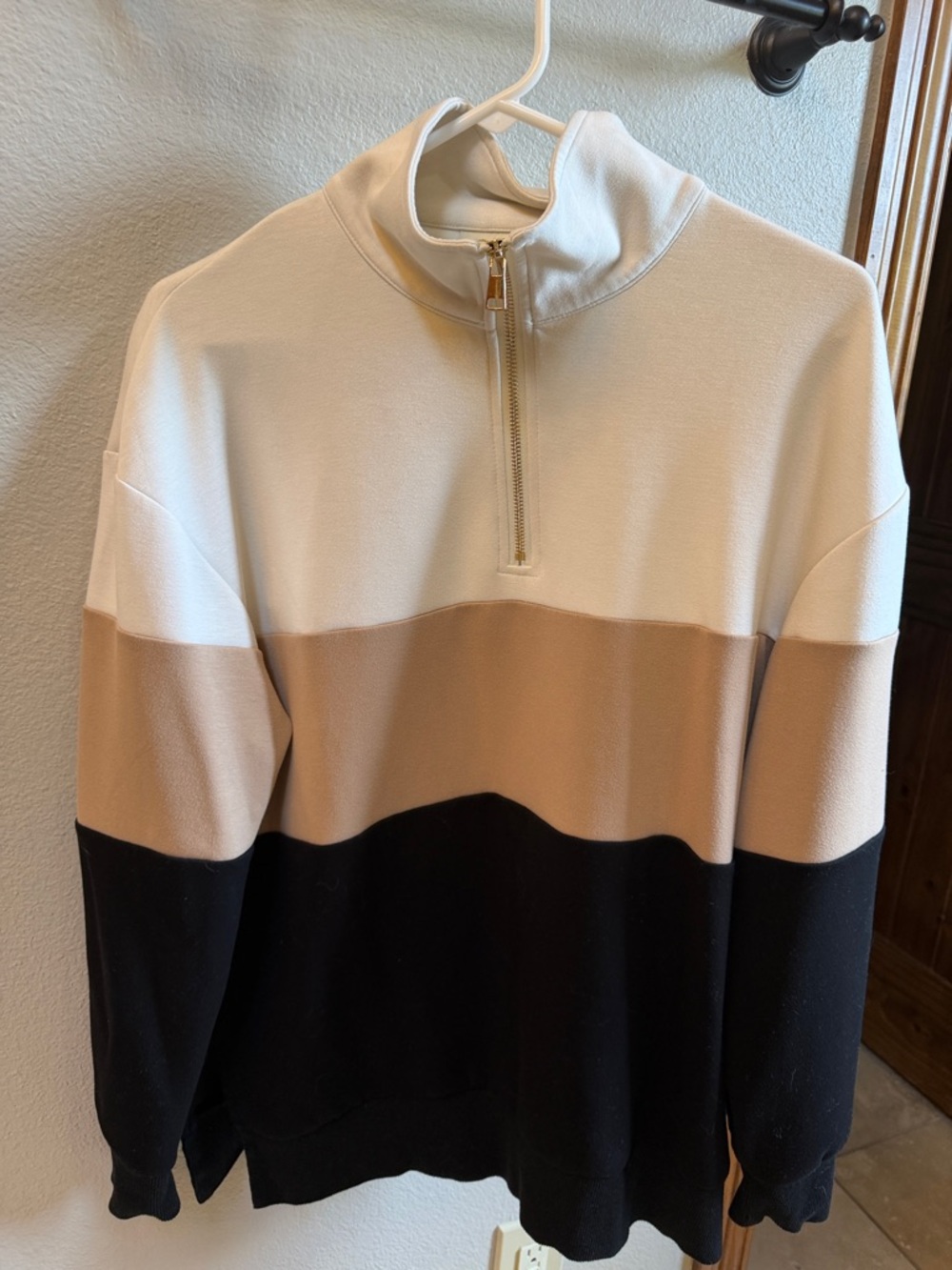 Women's Colorblock Quarter-Zip Pullover Sweatshirt - Cream, Tan & Black - Picture 1 of 3